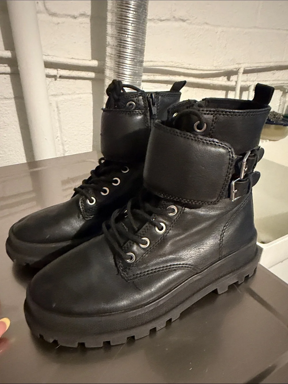 Black Leather Combat Boots for Women - Fashion Lug Sole Zara kids